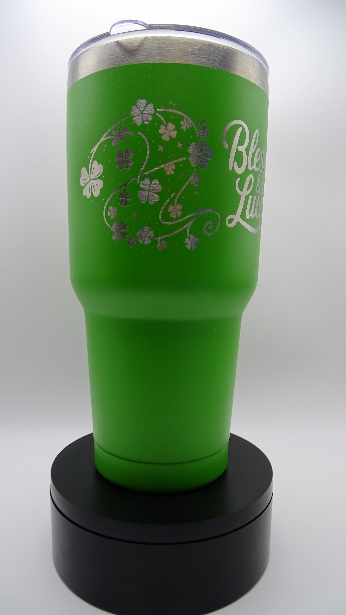 Green 30oz Tumbler with Lid - With engraving of clovers and the saying Blessed & Lucky