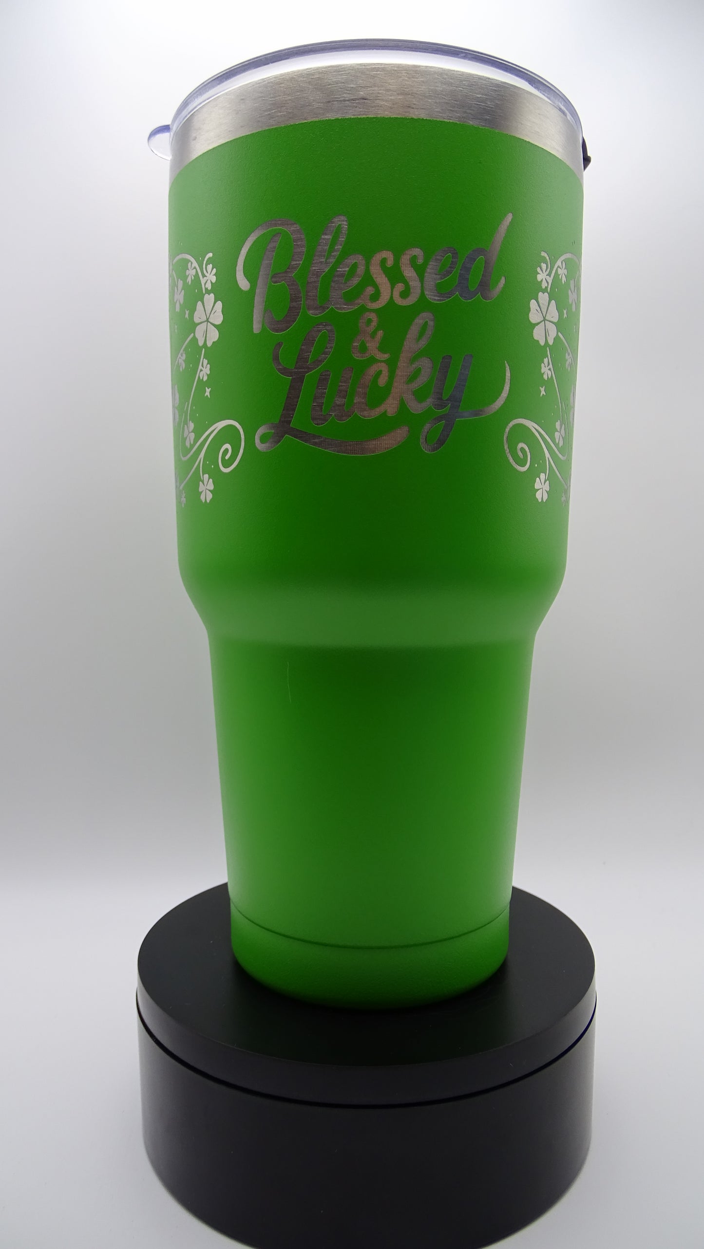Green 30oz Tumbler with Lid - With engraving of clovers and the saying Blessed & Lucky