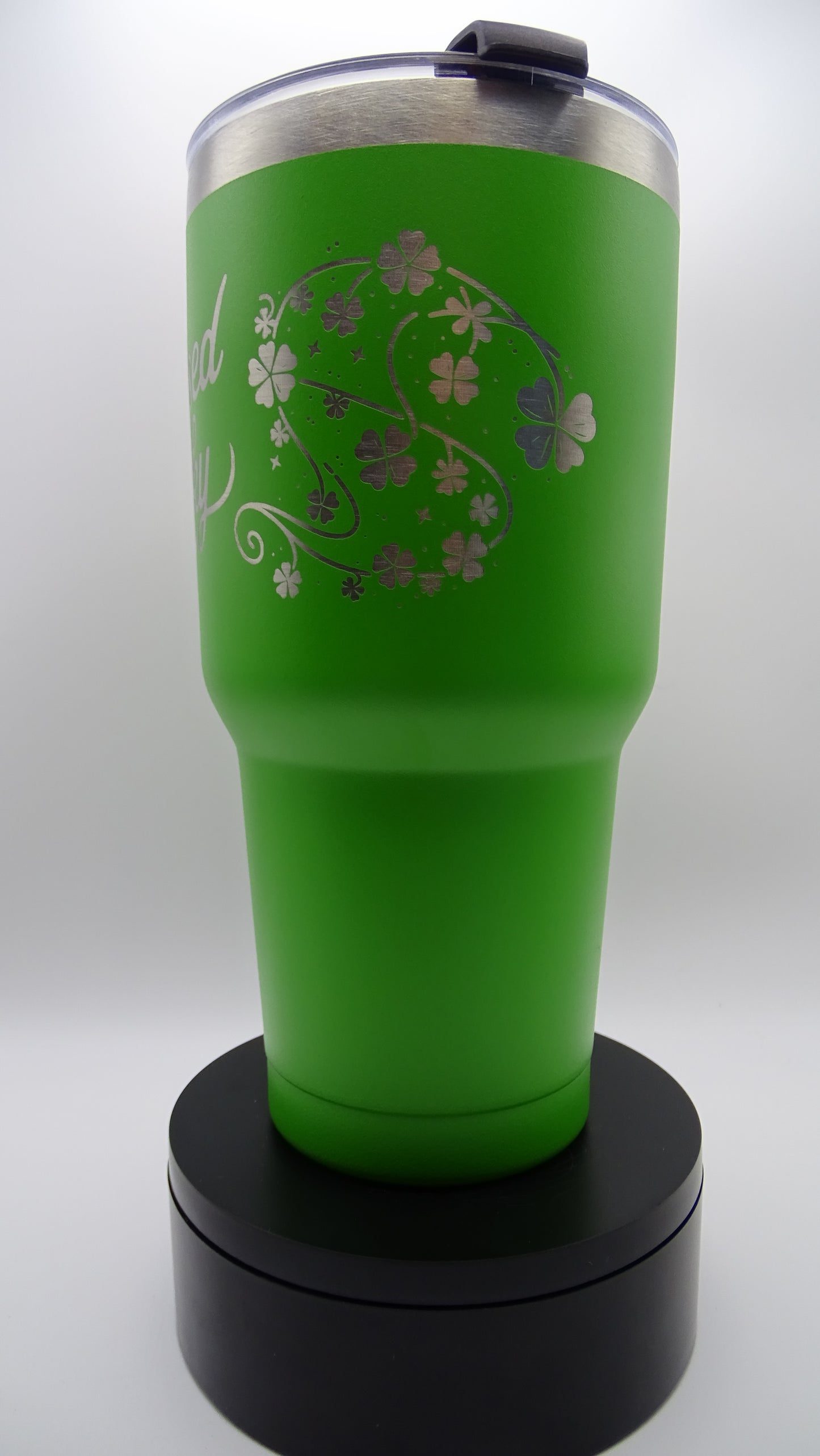 Green 30oz Tumbler with Lid - With engraving of clovers and the saying Blessed & Lucky