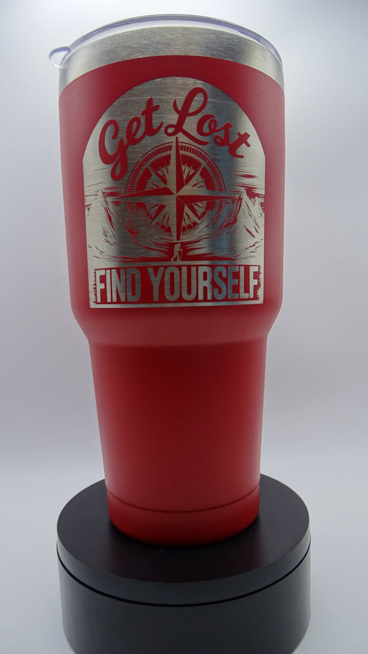 Red - 30oz Tumbler with Lid - with a compass "Get Lost/Find yourself"