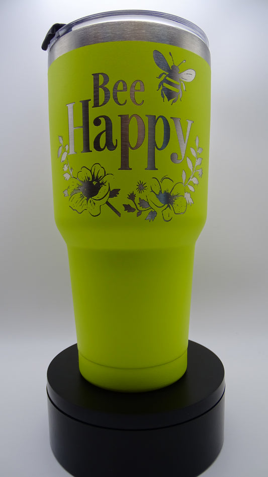 Yellow 30oz Tumbler with Lid - With engraving of Bees and the saying Bee Happy